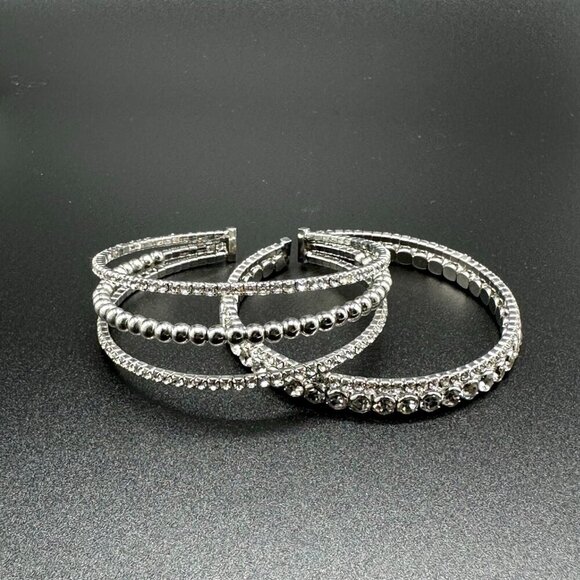 Rhinestone Cuff Bracelet Set Silver Tone Stretch Bling Statement 2pc Formal - Picture 4 of 12